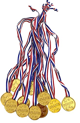 12PCS Gold Plastic Winner Medals with Ribbons for Parties