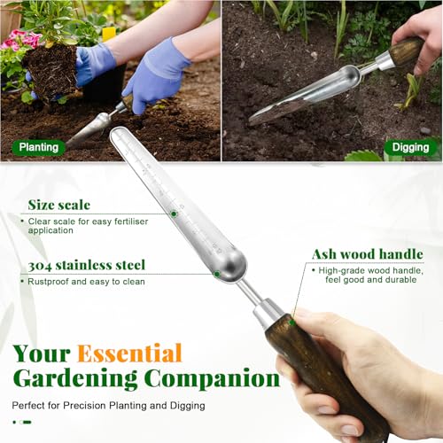 Narrow Stainless Steel Garden Trowel with Wood Handle - Heavy Duty Hand Shovel for Precise Planting, Weeding, Digging & Transplanting - Ergonomic Gardening Tool with Depth Markings