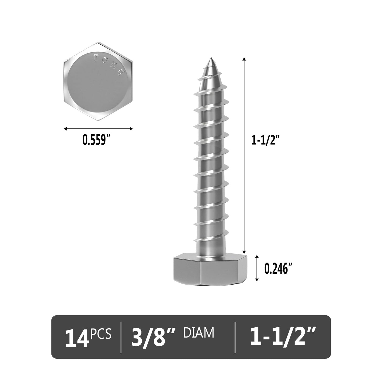VGBUY 3/8" x 1-1/2" Hex Head Lag Screws 14Pcs, 304 Stainless Steel 18-8 Lag Bolts Wood Screws Heavy Duty Large Screws for TV Mounts, Deck, Boat Repair