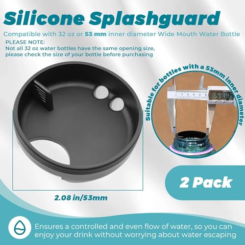 53mm Wide Mouth Silicone Water Bottle Splash Guards - Obsidian Black, 2 Pack