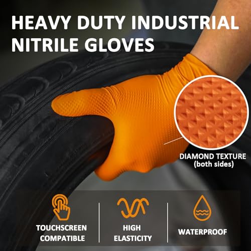 Heavy Duty Nitrile Gloves, 10-mil Thick, Diamond Texture, Powder and Latex Free, Set of 100