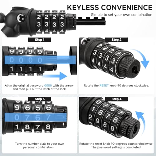 4-Digit Resettable Combination Bike Lock - 3.9 Feet Coiled Cable - Black-10mm