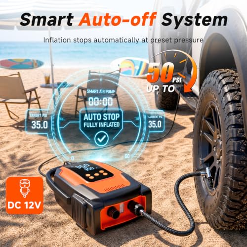 50 PSI Electric Paddle Board Pump - Auto-Off, 12V DC, Orange
