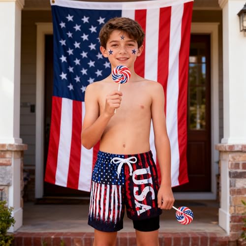 Boys Swim Trunks with Compression Liner Boardshort Quick Dry 7-18T - TUONROAD, Blue-3 (10-12 / Blue Red White)