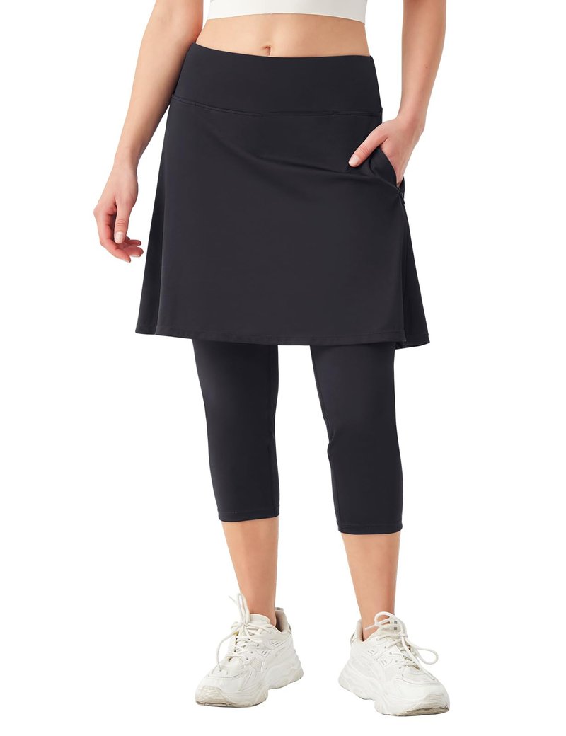 BELEROY Skirted Leggings for Women,Knee Length Leggings with Skirt Tennis Golf Athletic Skirt Legging with Zipper Pockets（Black,L）