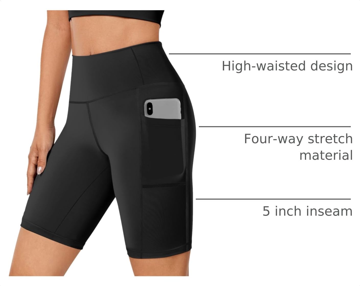 Buauty Biker Shorts Women with Pocket, 5 Inch High Waisted Pull-On Tummy Control Stretch Workout Yoga Athletic Bike Shorts for Gym, Running, Cycling, Casual Wear and Daily Outfits