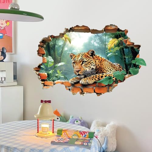3D Broken Tiger Wall Decal Break Through Jungle Animals Wall Sticker Removable Tropical Rainforest Wall Art Forest Plants Peel and Stick Wallpaper for Kids Boys Bedroom Nursery Home Decoration B16018