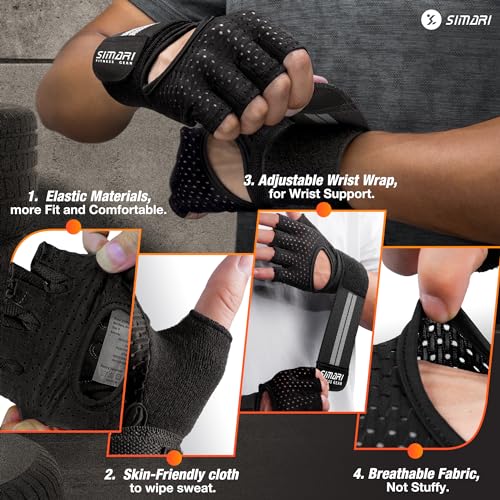 Breathable Workout Gloves with Wrist Wraps - Fingerless Black, Large