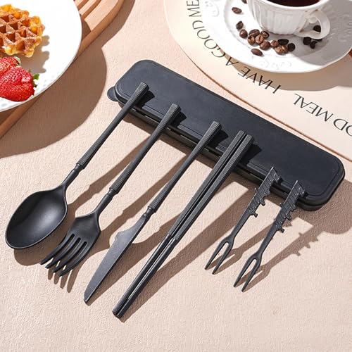 Wheat Straw Travel Utensils Set - Reusable Eco-Friendly Camping Cutlery - Black