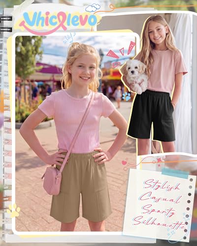 Girls Bermuda Long Shorts - 3 Pack, Dusty Blue+Khaki+Black, Ages 5-14