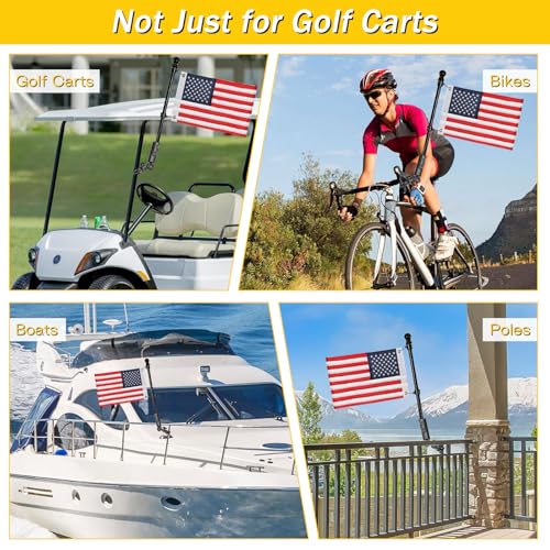 Black Golf Cart Flag Holder with USA Flag Kit - Adjustable Dual Stainless Poles