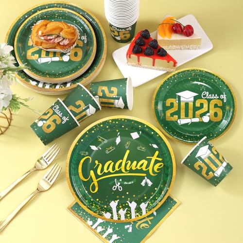 Green and Gold Graduation Plates and Napkins Set - Serves 24