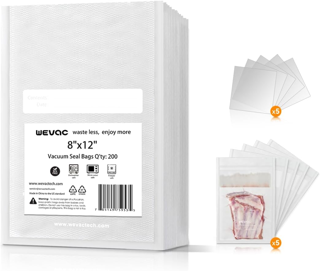 Wevac Vacuum Sealer Bags - 8" x 12" Heavy Duty Food Storage | 200 Count with Liquid Block & Bone Guard