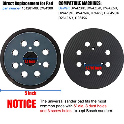 5" Sander Backing Pad for DeWalt 151281-08, DW4388 - Fit DeWalt DW420/K, DW421/K, DW422/K, DW423/K, DW426/K, D26450, D26451/K, D26453/K, D26456 Random Orbital Sanders
