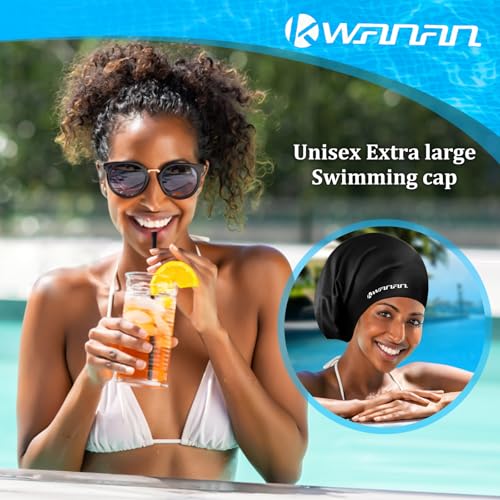 Extra Large Silicone Swim Cap for Long Hair - Black / X-Large