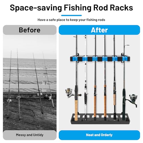 Fishing Rod Holder Wall Mount - 6-Rod Storage Rack, Vertical Blue