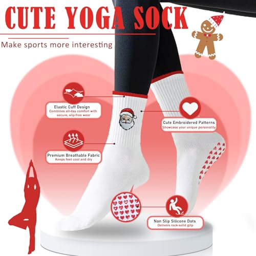 Women's Non-Slip Grip Pilates Socks - Santa Claus, Size 6-11