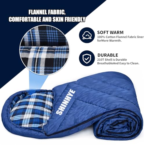 Blue Kids Sleeping Bag for Cold Weather - Lightweight Waterproof Flannel Camping Bag for Youth 10-12 Years
