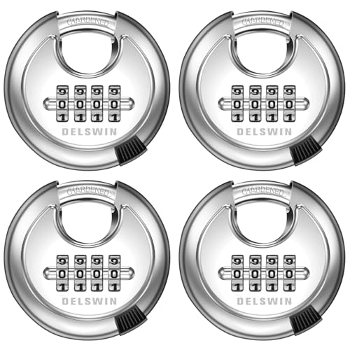 DELSWIN 4 Digit Combination Disc Padlock with Hardened Steel Shackle Outdoor Combo Gate Lock for Sheds, Storage Unit, Garage, Fence, Trailer Tongue (4 Pcs)