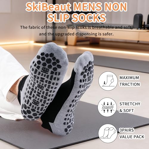 Men's Non-Slip Gripper Socks - Ankle Low Cut, 3 Pairs, Black (Size 10-12)