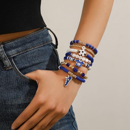 Stretch Beaded Soccer Bracelet - Game Day Sports Jewelry - Blue