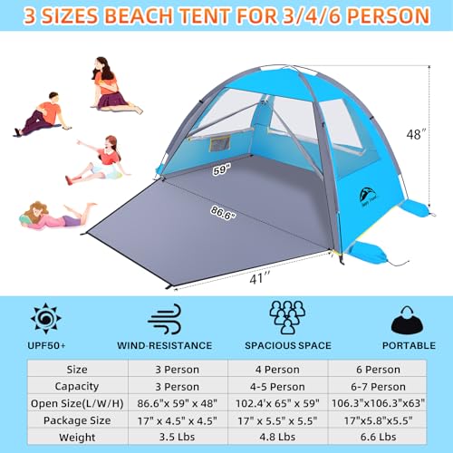 Happy Travel Sky Blue 3-Person Beach Tent with UPF 50+ UV Protection & Ventilation