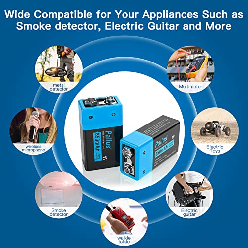 Pallus 9v Rechargeable Batteries, 4-Pack 850mAh 9 Volt Li-ion Batteries with 9V Battery Charger for Smoke Detectors, Alarms, Wireless Microphones, Toys, Flashlights & More