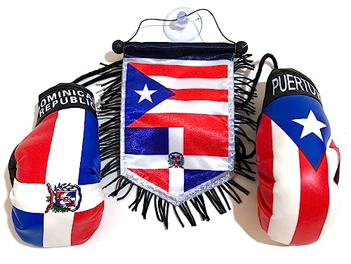 Dominican & Puerto Rico Flag Car Decoration Set with Mini Boxing Gloves