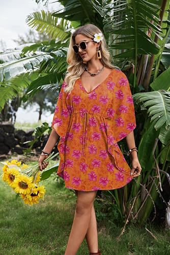Sheer Chiffon Floral Print Women's Swimsuit Coverup - Orange Floral, Large