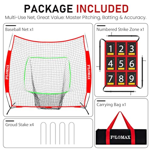 FILOMAX 7x7 ft Baseball & Softball Practice Net with 9-Strike Zone Target - Red, Portable Bow Frame