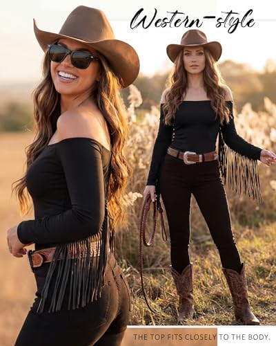 Women Large Black Fringe Western Cowgirl Shirt Off Shoulder Fitted Top