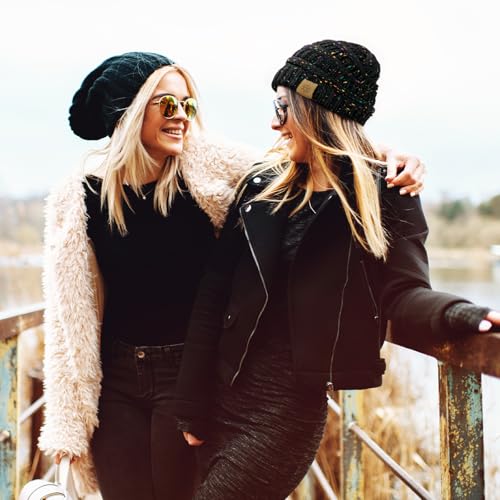 Beanie Hat and Touchscreen Gloves Set - Fleece Lined Black Confetti
