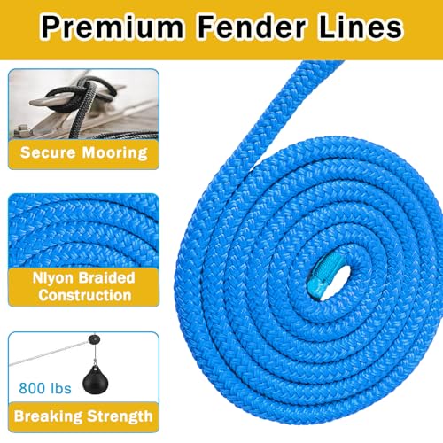 PropelTech Lake Blue 3/8" x 6ft Nylon Boat Fender Lines - Marine Dock Ropes