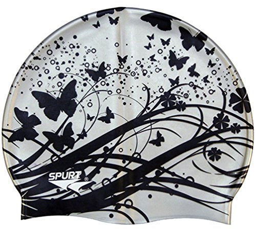 Waterproof Silicone Swim Cap for Girls - Silver Butterfly