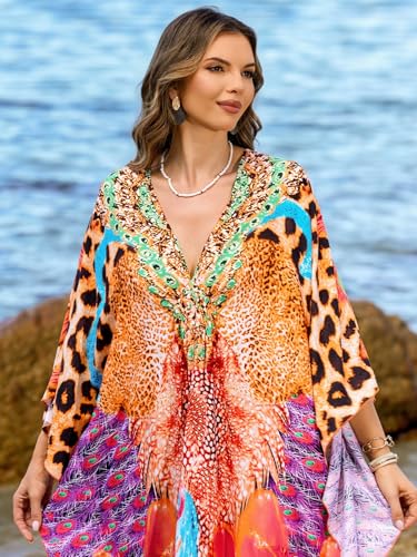 IMAGEKOPE Women's Plus Size Animal Print V-Neck Batwing Kaftan Beach Dress - One Size / 927-29 Color