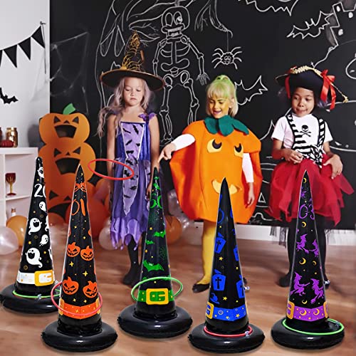 Inflatable Witch Hat Ring Toss Game 5-Pack with Pump - Halloween Party Toss Games for Kids & Adults