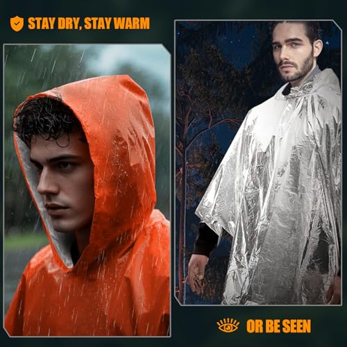 4 Pack Emergency Ponchos with Thickened Mylar Blanket Lining,