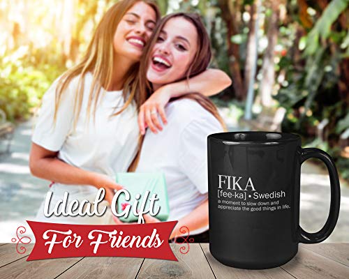 Bubble Hugs Fika Black 15 Oz Motivational Coffee Mug - Swedish Inspiration