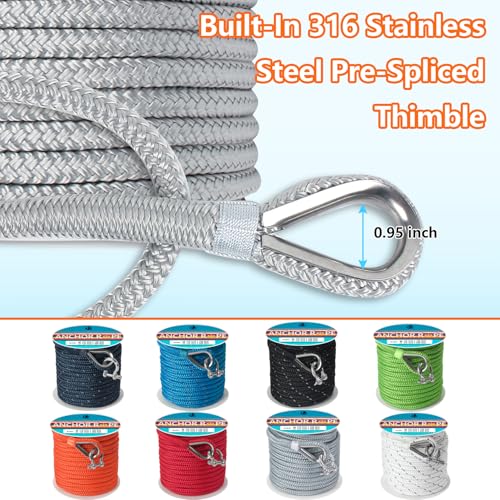 DEDU Gray 1/2 Inch x 150 FT Double Braided Marine Anchor Rope with Stainless Steel Thimble & Shackle - Ideal for Towing & Mooring, Boats Up to 35'