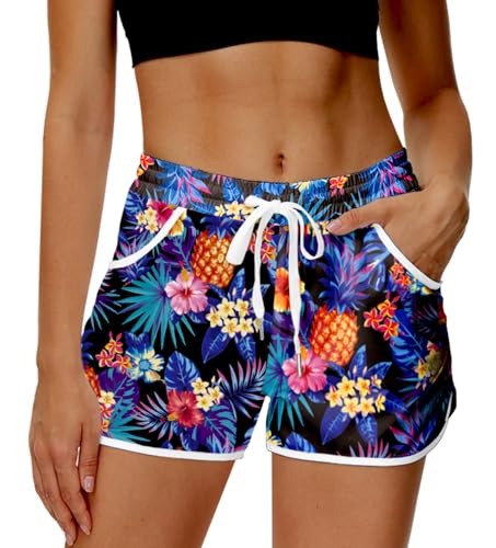 Hawaiian Tropical Print Beach Swim Shorts with Pockets - X-Large Pineapple