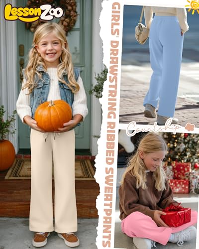Girls' Wide Leg Sweatpants with Pockets - 4 Pack, Apricot Beige, Grapefruit, Sky Blue, Black, Large | Kids Activewear