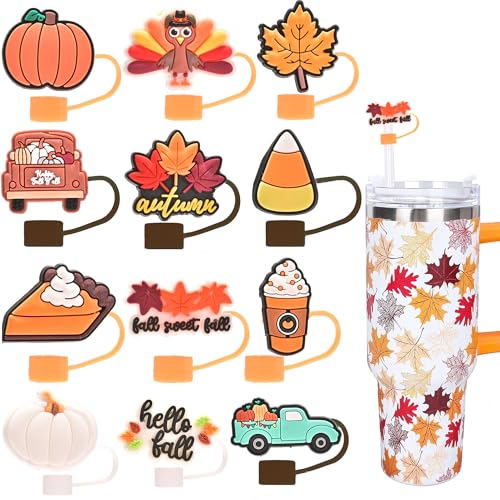 12pcs Fall Straw Toppers - Thanksgiving Silicone Covers for 10mm Straws