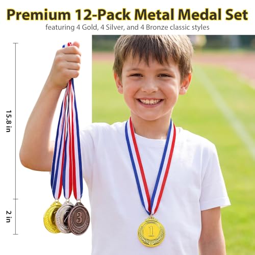 2-Inch Medal Set - 12 PCS Gold Silver Bronze Awards for Sports, Spelling Bees, Competitions