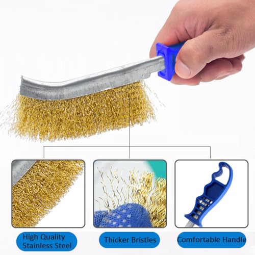 Wire Brushes for Cleaning Rust, Heavy Duty Brass Tool 11" Long With Plastic Handle, for Automotive, Grill, Paint, Welding Slag & Household, Blue 2 Pack