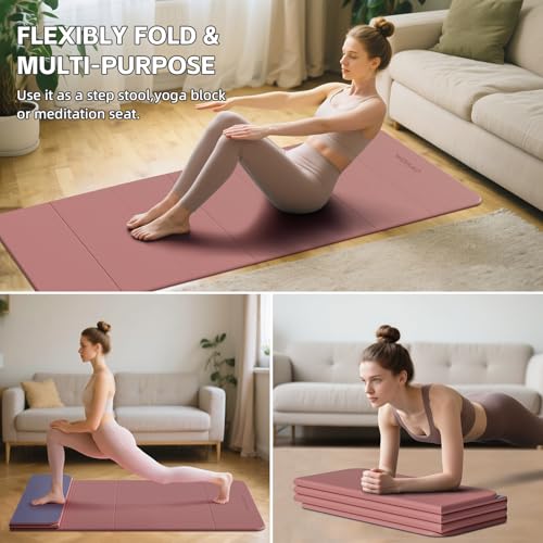 7-Fold Yoga Mat 70"x24" - 1/2 Inch Thick, Portable TPE - Pink + Navy