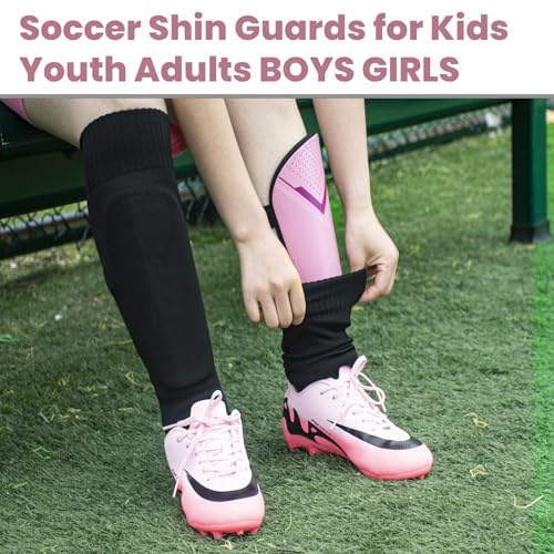 CotLike Pink Medium Soccer Shin Guards for Kids Youth Adults with Ankle Protection