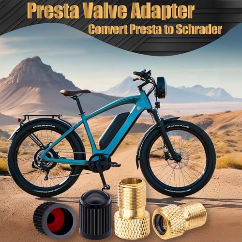 Brass Presta to Schrader Valve Adapter Set with Tire Caps - 2 Pack