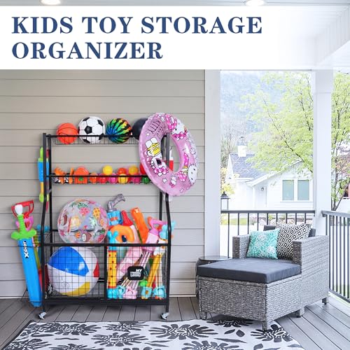 Rolling Sports Equipment Organizer with Bins and Hooks