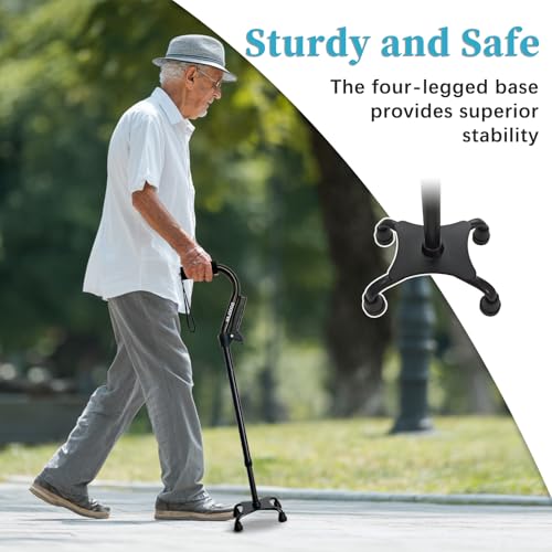 AOHHL Black Foldable Quad Walking Cane with Adjustable Height & Soft Handle – Lightweight, Sturdy, Self-Standing Support for Seniors & Adults - Model: black1