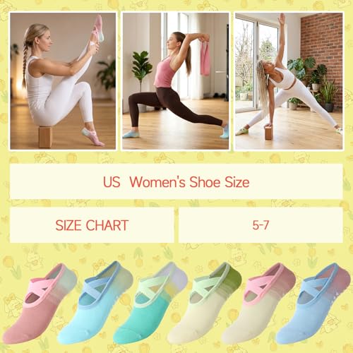 6 Pairs Color Gradient Pilates Socks for Women with Straps